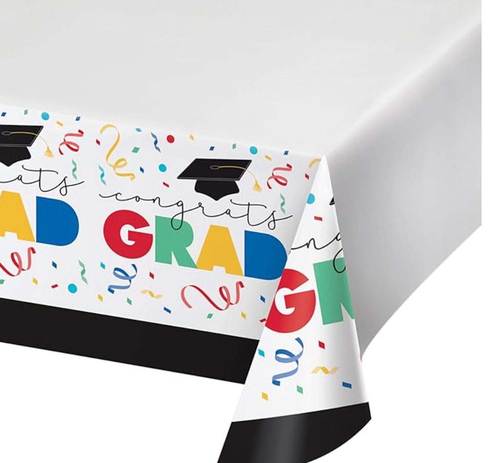 Graduation Paper Tablecloths 54x102 Grad Cap Toss Design Disposable Pack of 12